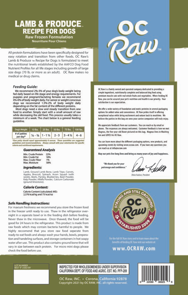 OC Raw Frozen Raw Dog Food - Lamb