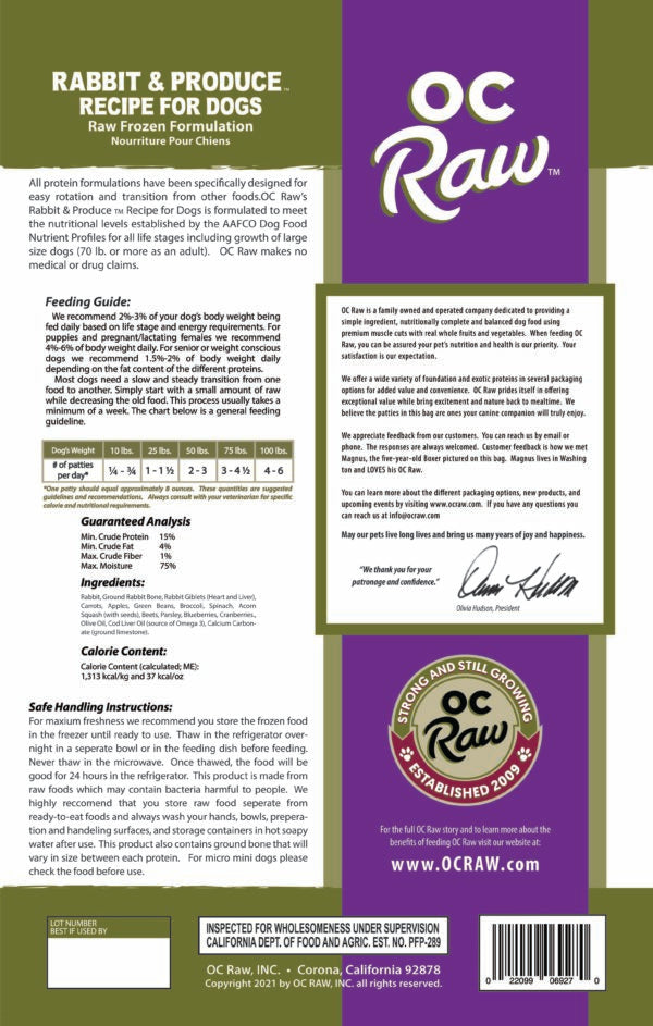OC Raw Frozen Raw Dog Food - Rabbit
