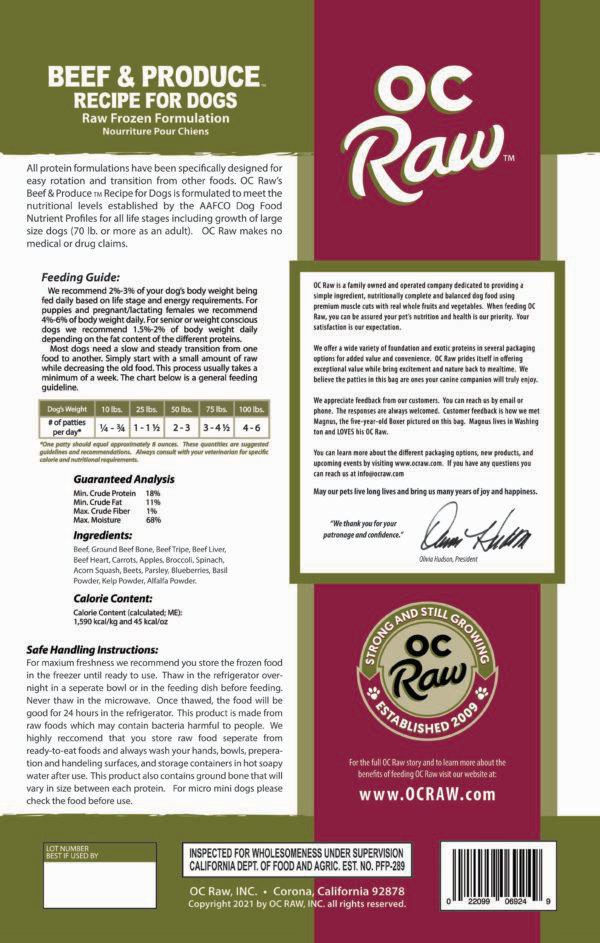 OC Raw Frozen Raw Dog Food - Beef