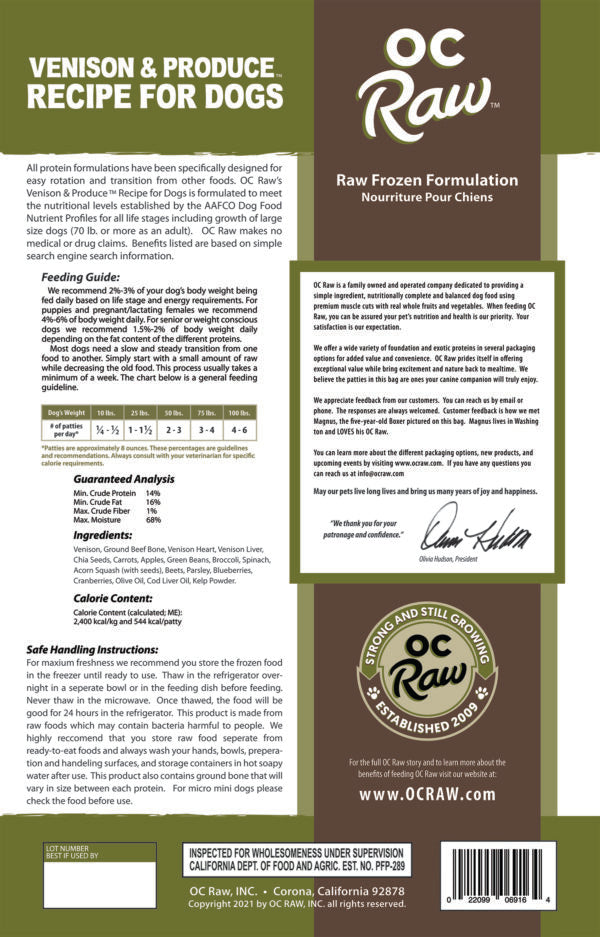OC Raw Frozen Raw Dog Food - Venison