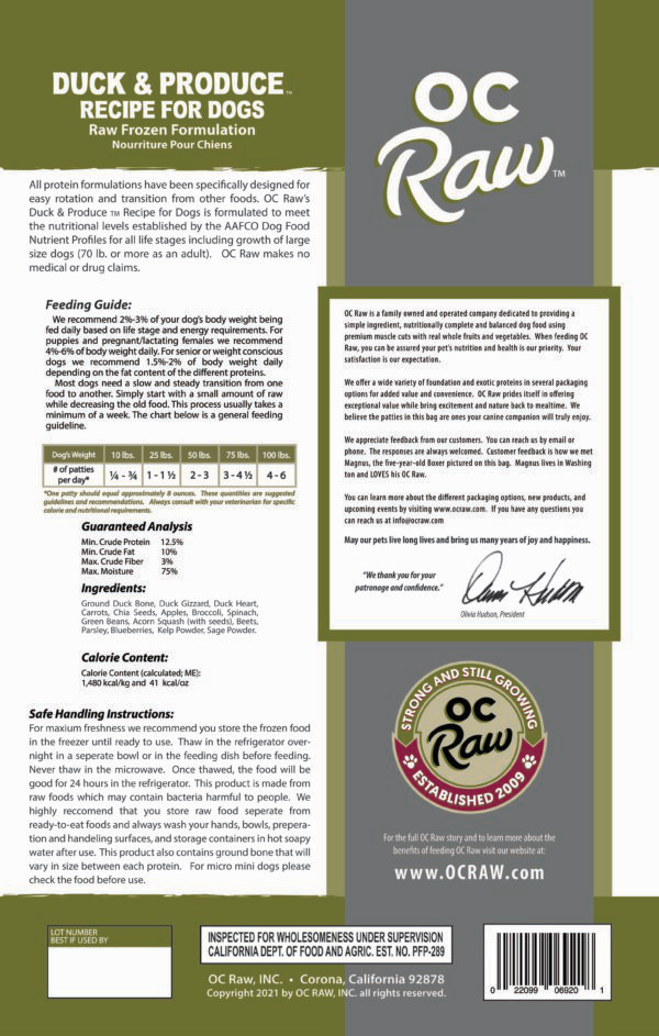 OC Raw Frozen Raw Dog Food - Duck